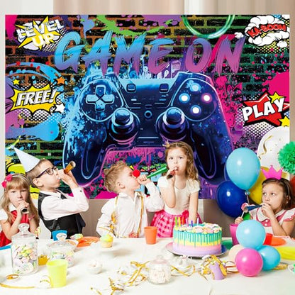 Game On Party Backdrop - 5x3ft Video Game Birthday Background Banner for Boys Kids Teens, Neon Gamer Controller Theme Party Supplies, Level Up Gaming Decorations Wall Photo Booth Prop - size: 5x3ft