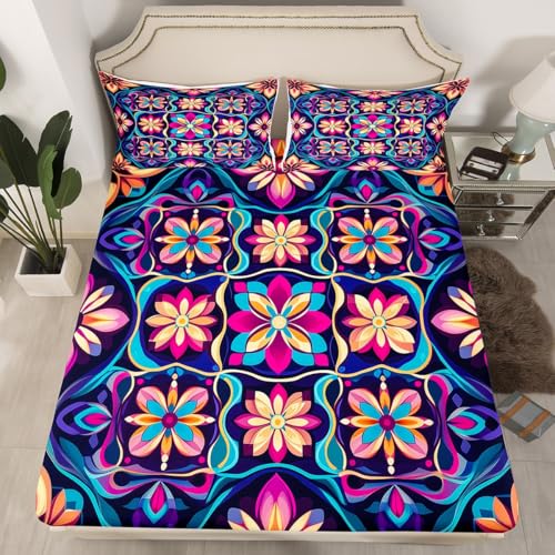 Feelyou Boho Bed Sheets Set King Size Southwestern Geometric Bedding Set for Kids Boys Girls Southwest Native American Design Sheets with Deep Pocket Fitted Sheet Tribal Bedding Set - color: Aubergine, size: King