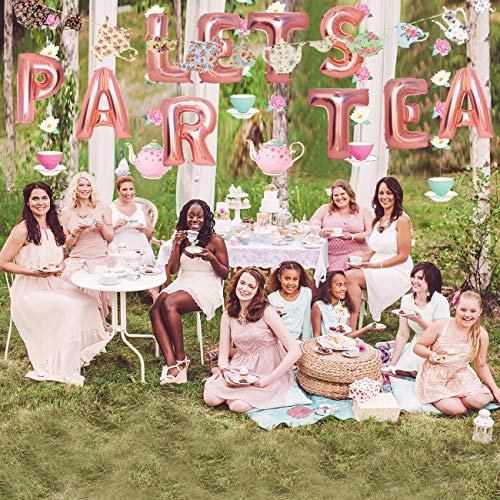 Mity rain Tea Party Decorations - Floral Teapots Teacups Balloons Banner Hanging Decorations for Baby Shower Bridal Shower Girls Birthday Party Supplies - style: Balloons + Banners