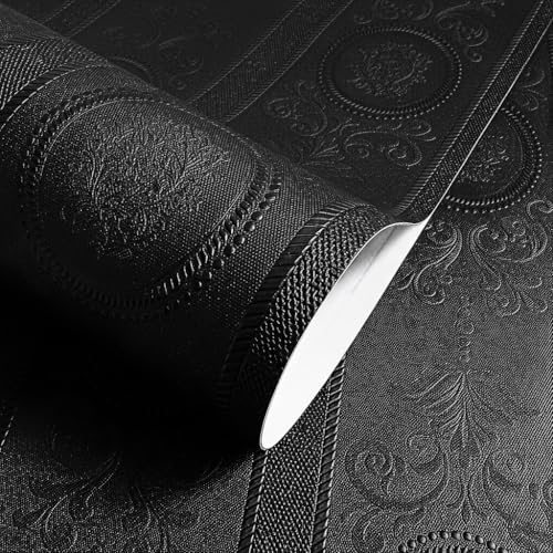 JiffDiff Wallpaper Peel and Stick Textured, 3D Black Embossed Wall Paper Stick on Wallpaper Modern Waterproof Self Adhesive Contact Paper(17.3" x 1200") - color: Black, size: 17.3" x 1200"