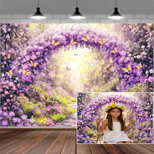 6X4FT Purple Flower Photography Backdrop Spring Enchanted Forest Floral Arch Background Butterfly Decorations Fairy Tale Banner Girls Princess Wedding Birthday Party Baby Shower Photo Booth Props - color: Purple, size: 6X4FT