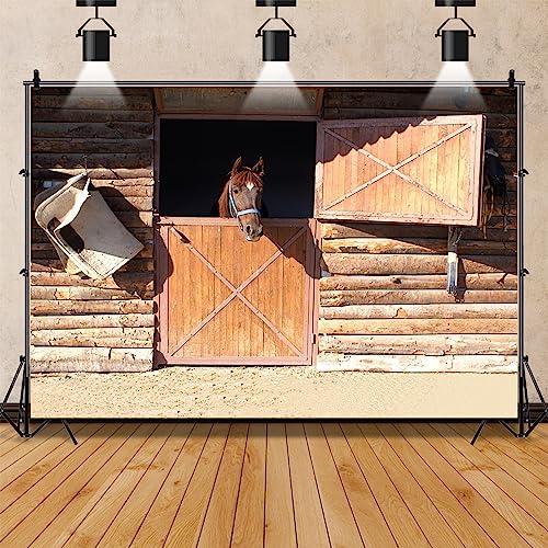 AOFOTO 12x8ft Rustic Wooden Horse Stable Backdrop Vintage Ranch Barn Log Cabin Farm Stall West Wild Photography Background Western Cowboy Theme Birthday Kentucky Party Decoration Photo Studio Props - size: 12x8ft