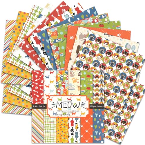 BLEDS Scrapbook Paper Pad, 24 Sheets Scrapbooking Paper Cat Theme 6x6 inch Cute Pet Paper Supplies One Single-Side For Craft Junk Journal Card-Making Decorative Background Greeting Card - color: 6x6 Meow