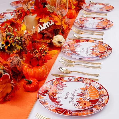 Rubtlamp 60PCS Thanksgiving Plastic Plates, White Orange Pumpkin Plates, Red Disposable Plates with Maple Leaves, Fall Disposable Plates Include 30 Dinner Plates, 30 Salad Plates For Thanksgiving - color: White Orange