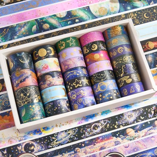 Gold Foil Washi Tape Set 30 Rolls,Celestial Decorative Masking Tape for Junk Journal, Journaling & Scrapbook Supplies, DIY Crafting Supplies - style: Galaxy