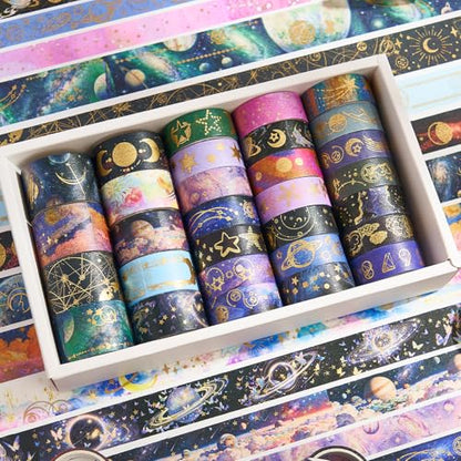 Gold Foil Washi Tape Set 30 Rolls,Celestial Decorative Masking Tape for Junk Journal, Journaling & Scrapbook Supplies, DIY Crafting Supplies - style: Galaxy