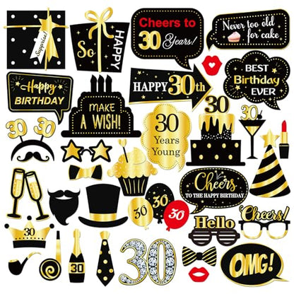 INNORU 30th Birthday Photo Booth Props, Women Men 30th Birthday Photoshoot Funny Birthday Party Photography Props Favor Thirty Years Old Centerpiece Sticks Decorations Black & Gold 35 PCS - size: 30