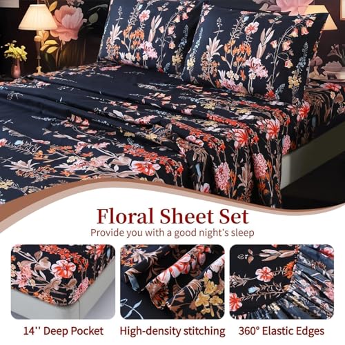 MAG 4Pcs Floral Full Size Sheet Sets,Pink Vintage Bedding Sheet Set,Boho Flower Pattern Bed Sheets Included 1 Fitted Sheet 14'' Deep Pocket + 1 Flat Sheet + 2 Pillowcases,Breathable and Wrinkle. - color: Floral, size: Full