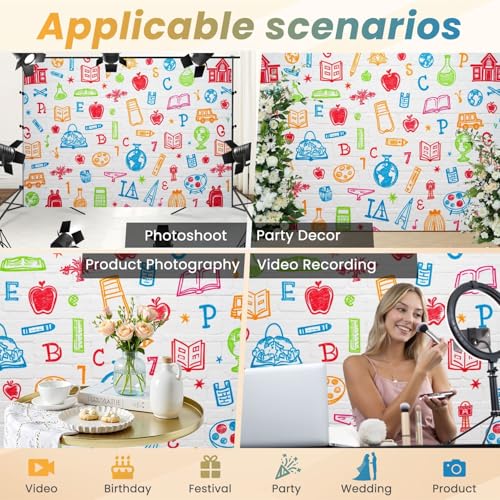 5x7ft Photography Backdrop Hand Painted Pencils Books White Brick Wall First Day School Online Photo Backdrop Photography Background for Photoshoot Portrait Video Party Photo Studio Prop Booth - color: Color1