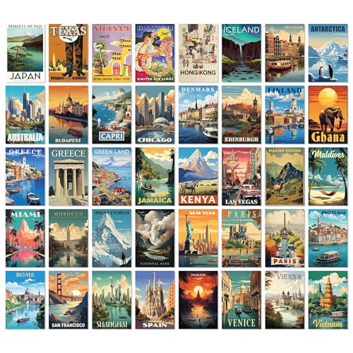 97 Decor Vintage Travel Decor For Home - 40 Pcs Vintage Travel Posters For Classroom, Around The World Wall Art Prints, Retro Geography Destination Collage For Bedroom Dorm Decorations (4x6) - color: Travel Poster 2