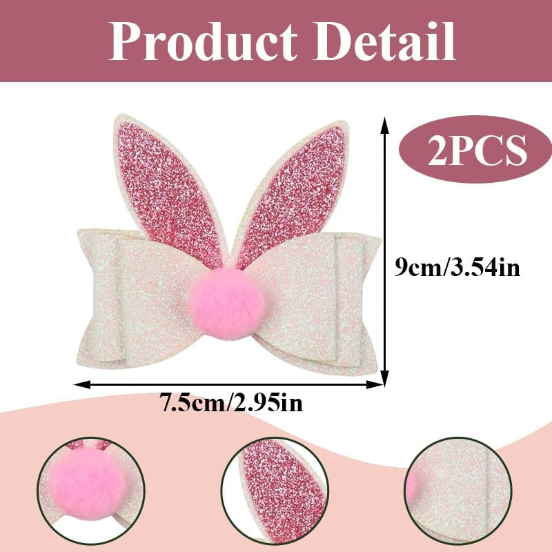 2PCS Easter Sparkly Glitter Bunny Hair Bow Clips,Pink White Rabbit Ear Barrettes with Alligator Clip,Cute Easter Hair Hairpin Accessories for Women,Spring Hair Bows for Party Daily Wear Photo Props