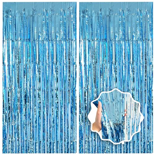 Blue Streamers Party Decorations 3.3x8.2ft 2 Pack Light Blue Tinsel Foil Fringe Curtain Backdrop Ocean Themed Party Decor Photo Booth Props for Birthday Baby Shower Bachelorette Door Hanging Wedding - color: Blue