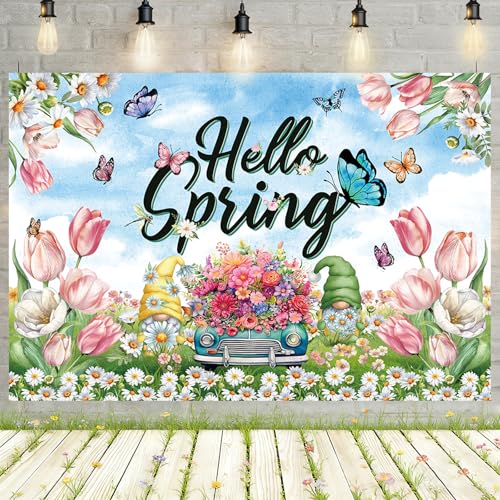 MEHOFOND 7x5ft Spring Backdrop Colorful Floral Hello Spring Decorations Banner Butterfly Tulip Flower Happy Photography Background Easter Holiday Party Decorations Indoor Outdoor Photo Booth Props - size: 7x5ft