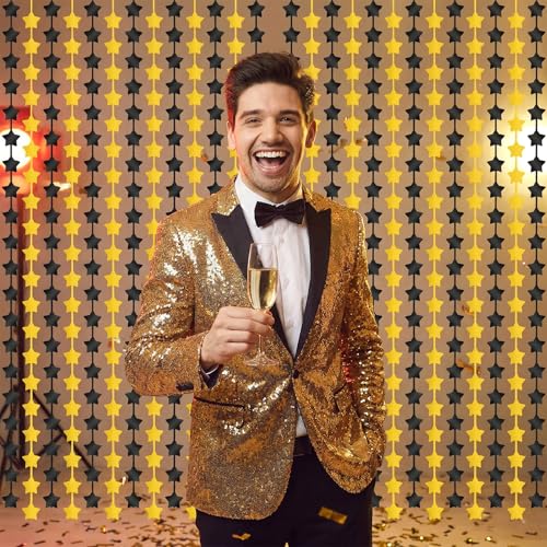 2 Pack Black Gold Star Foil Fringe Curtains Backdrop Streamers 3.3×6.6ft Birthday Party Decorations Photo Booth Props for Birthday Graduation Party Supplies