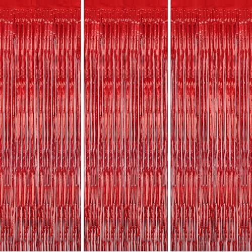 DECOCKRAT 3 Pack Foil Fringe Backdrop - Red Shiny Tinsel Curtains for Party Decoration/Photo Booth Props - 3.3x8.2 FT Metallic Foil Backdrop for Birthday, Wedding, Graduation, Christmas. - color: Red