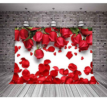 10x7FT White Background Romantic Red Rose Petals for Sweet 16 Party Photo Booth Props Backdrop LFME403
