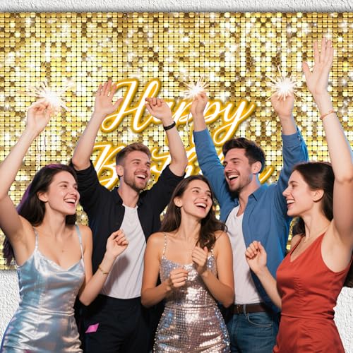 Golden Happy Birthday Backdrop 10 x 8 ft Polyester Glitter Shimmer Wall Background Flash Sequin Shimmer Wall Props Sparkle Birthday Party Decorations（ Non-Glowing Brilliant Design） - color: Gold Birthday, size: 10x8 FT