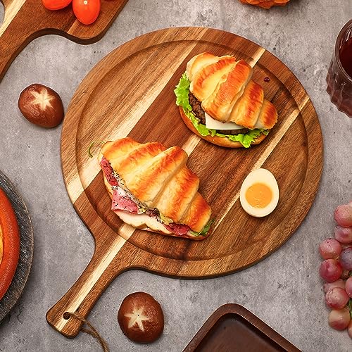 Tanlade 12 pcs Wood Cutting Board Bulk Round Wooden Serving Tray with Handle Acacia Chopping Boards Kitchen Charcuterie Paddle for Pizza Bread Cheese Fruit Vegetables