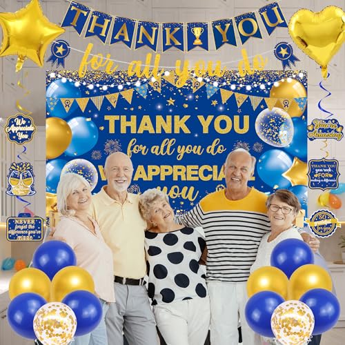 Vlipoeasn We Appreciate You Banner Decorations, Blue Gold Thank You for All You Do Backdrop Banner Honeycomb Centerpieces, Retirement Office Decor Staff Teachers Professors Doctor Nurses Appreciation - style: Bue Gold