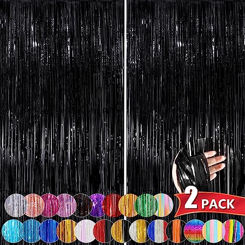 Black Metallic Tinsel Foil Fringe Curtains, 2 Pack 3.3x8.3 Feet Party Streamer Curtains for Birthday Party Decorations, Halloween Decor, Foil Curtain Backdrop for Bachelorette Party - color: Black, size: 2 Pack