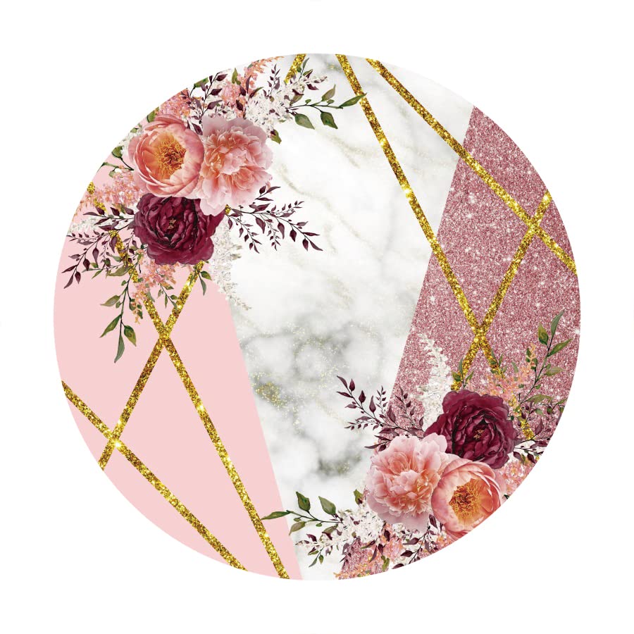 Renaiss 4x4ft Floral Marble Round Backdrop Cover for Photoshoot Portrait Rose Pink Glittering Camellia Circle Photography Background Wedding Bridal Shower Mother's Day Party Decor Photo Booth Prop - size: 4x4ft