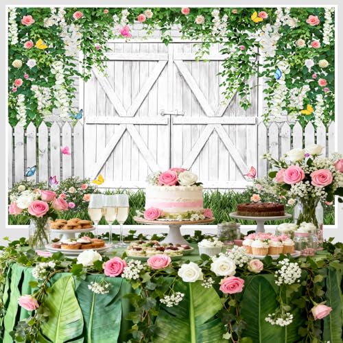 AOFOTO White Barn Door Floral Backdrop 6x4ft Spring Garden Background Banner Green Leaves Flowers Butterfly Wooden Door Backdrops Birthday Bridal Shower Wedding Banner Photo Booth Studio Props - color: white, size: 6x4ft