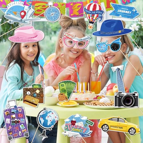 25Pcs Travel Photo Booth Props with Stick, Adventure Awaits Theme Selfie Props, Bon Voyage Birthday Party Supplies, Around The World Photography Backdrop Decorations