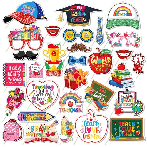 30-Piece Teacher Appreciation Photo Booth Props Set | Glitter Selfie Props with Apple, Pencil & Chalkboard Designs – Perfect for Teachers Day, Appreciation Week & Thank You Parties