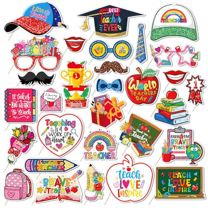 30-Piece Teacher Appreciation Photo Booth Props Set | Glitter Selfie Props with Apple, Pencil & Chalkboard Designs – Perfect for Teachers Day, Appreciation Week & Thank You Parties