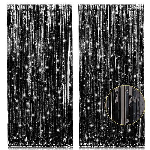 2 Pack 3.2ft x 8.2ft Black Tinsel Foil Fringe Curtains, Metallic Foil Tinsel Photo Booth Backdrop Streamer for New Years Decorations Halloween Bachelorette Birthday Holiday Celebration Party Supplies - color: Black