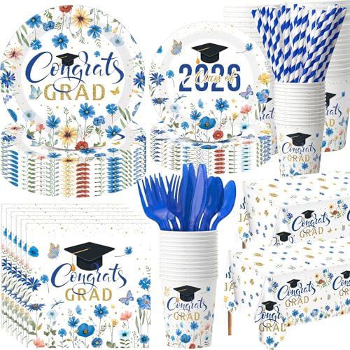 Ceenna 452 Pcs 2026 Blue Floral Graduation Decoration for 50, Royal Navy Blue Congrats Grad Paper Plates Napkins Cups Tablecloth Cutlery Straw Wildflower Grad Tableware for Class of 2026 Party Supply - color: Blue