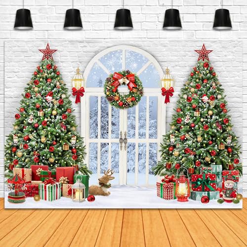 Christmas Photography Backdrop 7x5ft Christmas Tree Door Xmas Party Decorations Photo Background Snowy Winter Scenery Outside The Door White Brick Wall Family Photo Shoot Booth Props