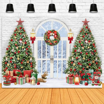 Christmas Photography Backdrop 7x5ft Christmas Tree Door Xmas Party Decorations Photo Background Snowy Winter Scenery Outside The Door White Brick Wall Family Photo Shoot Booth Props