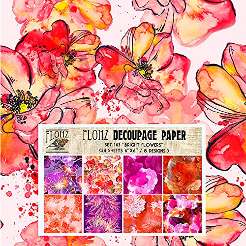 Decoupage Paper Pack (24 Sheets 6"x6") Bright Flowers FLONZ Vintage Styled Seamless Pattern Paper for Decoupage, Craft and Scrapbooking Wildflowers Poppy Garden - color: Thirteen