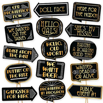 Gatsby Photo Booth Props By PartyGraphix - European Made Great Gatsby Party Supplies - 1920's Party Decorations - Easy to Assemble Selfie Props Roaring 20s Kit Includes 15 Pieces - size: 15 signs
