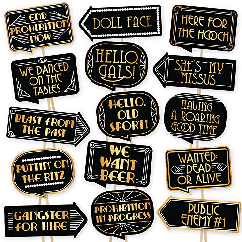 Gatsby Photo Booth Props By PartyGraphix - European Made Great Gatsby Party Supplies - 1920's Party Decorations - Easy to Assemble Selfie Props Roaring 20s Kit Includes 15 Pieces - size: 15 signs