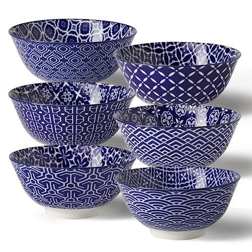 Metahom Ceramic Cereal Bowls, 23 Oz Blue and White Bowls, Porcelain Soup Bowl Set for Salad, Dessert, Pasta, Ice Cream,Set of 6 - color: Blue White, size: 6 inch