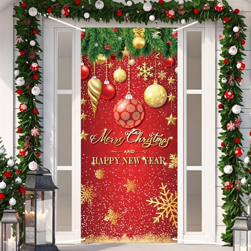 Christmas Door Cover Decoration Merry Christmas Tree Ornament Ball Photography Backdrop Xmas Outdoor Sign for Home Wall Outdoor Indoor Holiday Party (Red Gold) - color: Red Gold