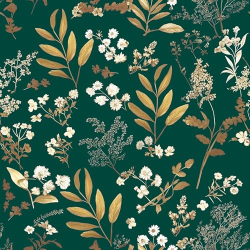 Laatse Dark Green Floral Wallpaper Peel and Stick Green Golden Leaf Wallpaper Vintage Floral Contact Paper Waterproof Self Adhesive Boho Delicate Wall Paper for Cabinet Rooms Walls Locker 17.5" x 118" - color: Green&Golden, size: 118" x 17.5"