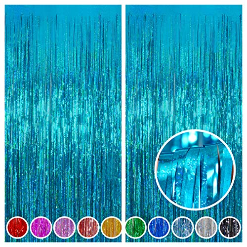 Melsan 2 Pack 3.2 ft x 8 ft Teal Tinsel Foil Fringe Curtains Backdrop, Blue Sparkle Metallic Foil Curtains for Ocean Birthday Party Decorations - color: Teal