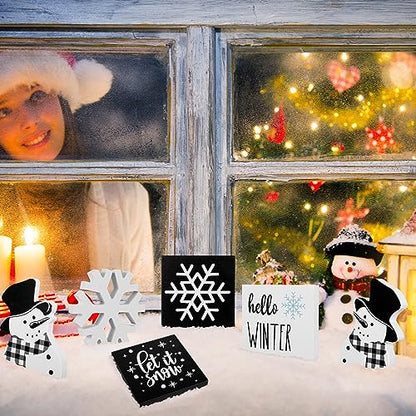 Huwena 6 Pcs Winter Tiered Tray Decor Snowflake Table Signs Hello Winter Wood Blocks Farmhouse Let It Snow Wood Decor for Table Shelf(Cute Style) - style: Cute Style