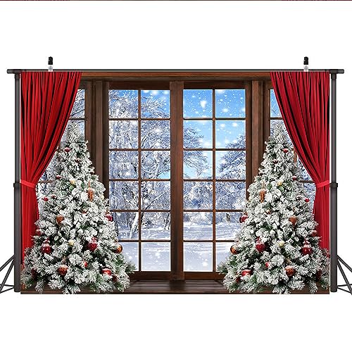 Lofaris 7x5ft Winter Scene Backdrop Wonderland Snowflake Photography Background Window Red Curtain Forest Christmas Tree Party Decoration Tree Landscape Kids Portrait Photobooth Photo Studio Props