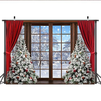 Lofaris 7x5ft Winter Scene Backdrop Wonderland Snowflake Photography Background Window Red Curtain Forest Christmas Tree Party Decoration Tree Landscape Kids Portrait Photobooth Photo Studio Props