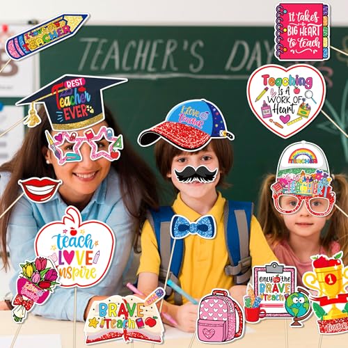 30-Piece Teacher Appreciation Photo Booth Props Set | Glitter Selfie Props with Apple, Pencil & Chalkboard Designs – Perfect for Teachers Day, Appreciation Week & Thank You Parties