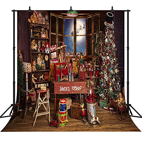 Christmas Santa's Toy Shop Photography Backdrop for Party Christmas Tree Gift Snow Window Wood Shed Store Background Family Portrait Seamless Vinyl Photo Props Banner Supplies PGT660E 10x10ft - size: 10'X10'