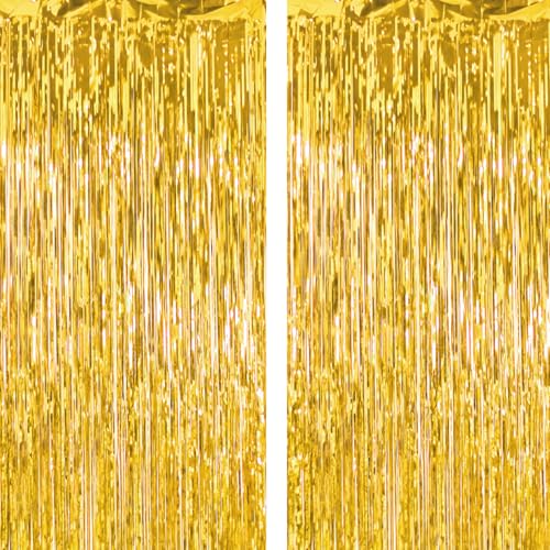 4 Pack Thickened Gold Metallic Foil Fringe Curtains Streamer Rip Resistant Shimmer Tinsel Photo Booth Backdrop for Birthday Wedding Christmas Bachelorette Party Decorations 3.28ft x 6.56ft - color: Gold, size: 4 Pack