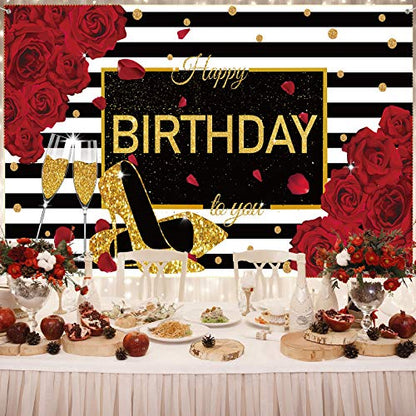 Sumind Happy Birthday Backdrop Red Glitter Roses Party Decor Black White Stripes Banner Gold High Heels Champagne Glass Photography Background for Women Birthday Party Supplies, 72.8 x 43.3 Inch