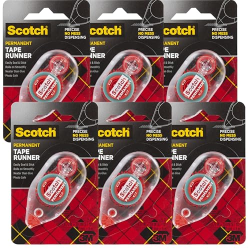 3M 6061 Scotch Double Sided Adhesive Roller Tape Runner, Permanent, Acid-Free, Photo-Safe Adhesive for Scrapbooking, Photo Mounting, and Crafts, 0.27 in x 26 ft per Roller, Pack of 6 - size: 6-Pack