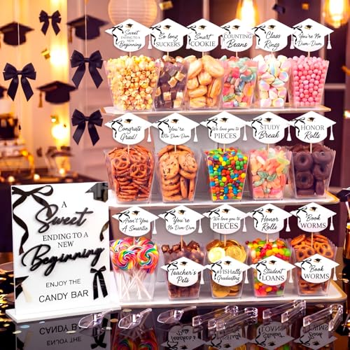 Tinlade 26 Pcs Acrylic Graduation Candy Buffet Labels for Grad Party Decorations 8 x 10'' Candy Bar Signs with Stand 24 Grad Dessert Food Labels Table Centerpieces Set for Party Supplies(Black,Bow) - color: Black, style: Bow