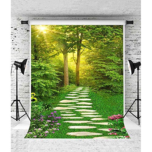 5x7ft Spring Scenery Backdrop Forest Path Sunshine Flower Photography Background Natural Scenery Photo Shoot Props Portrait Pet Photo Photography Backdrop BJLXVV171 - size: 5x7ft